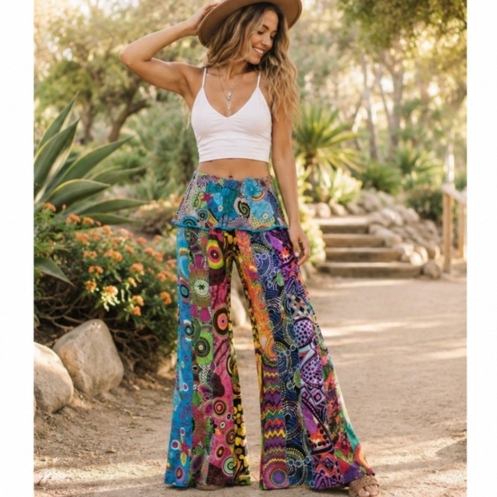 Caravan Patchwork Wide Leg Pants Womens S/M Multicolor Boho Festival Cotton
